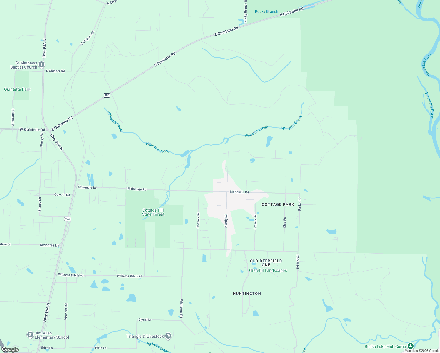 map of restaurants, bars, coffee shops, grocery stores, and more near 2245 Handy Road in Escambia County