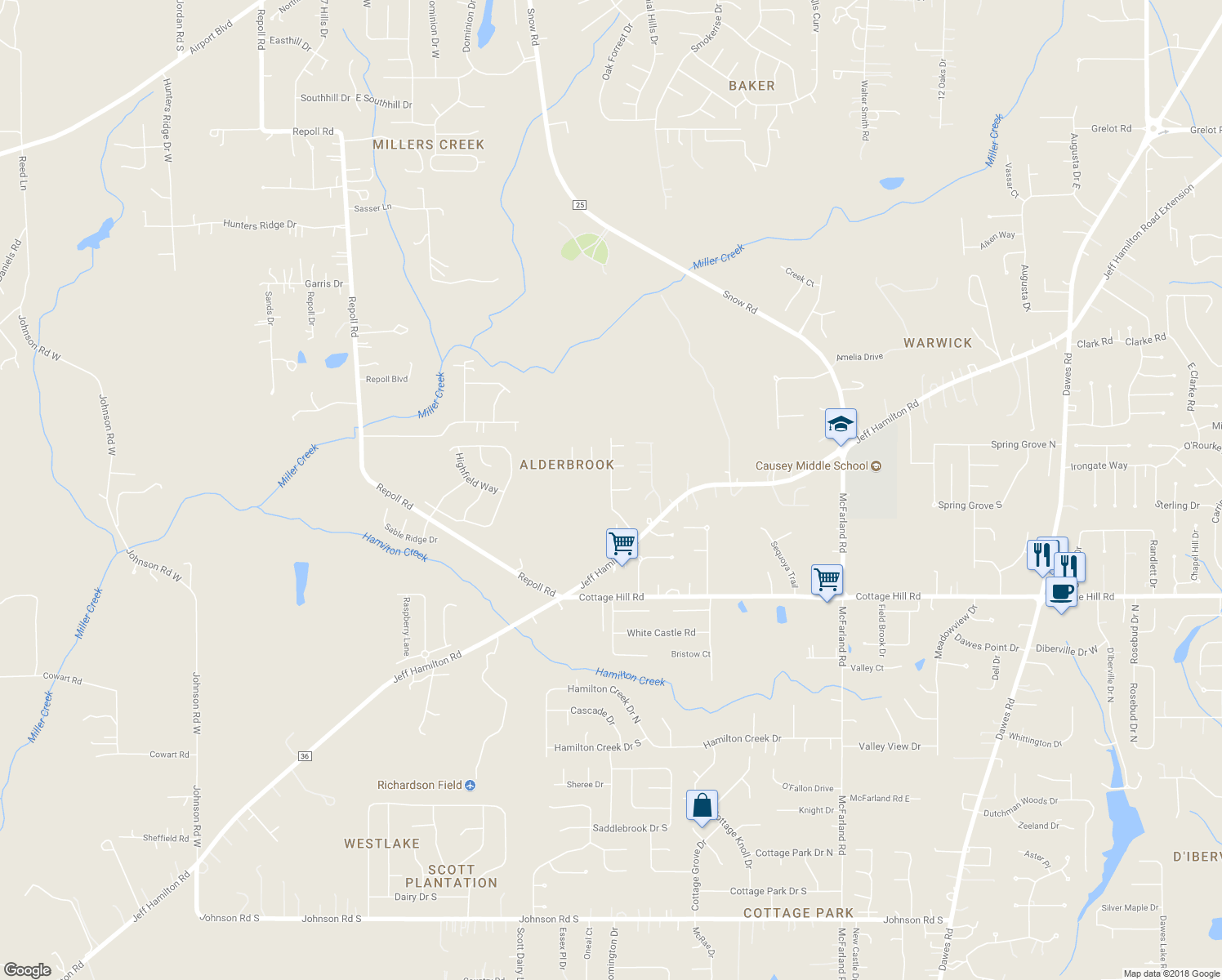 map of restaurants, bars, coffee shops, grocery stores, and more near 9813 Taylor Pointe Court in Mobile