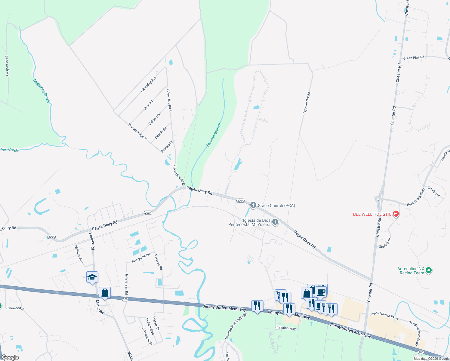 map of restaurants, bars, coffee shops, grocery stores, and more near 86132 Worthington Drive in Yulee