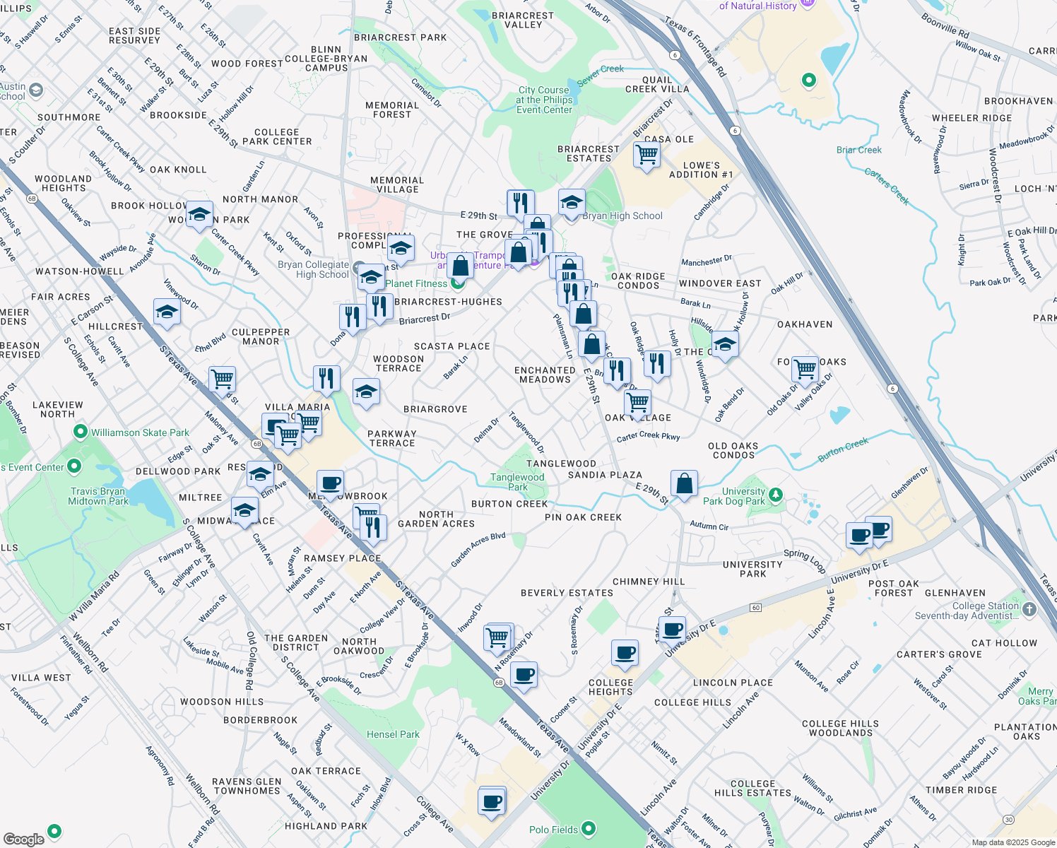 map of restaurants, bars, coffee shops, grocery stores, and more near 3811 Tanglewood Drive in Bryan