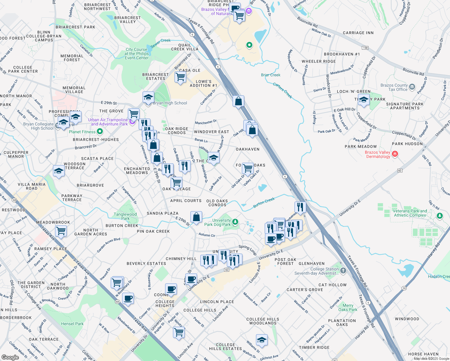 map of restaurants, bars, coffee shops, grocery stores, and more near 2904 Woodmeadow Dr in Bryan