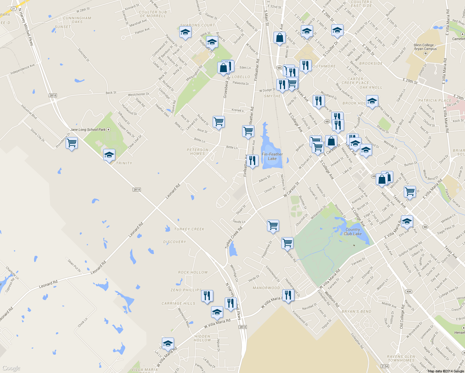 map of restaurants, bars, coffee shops, grocery stores, and more near 2110 Amberglow Pl in Bryan