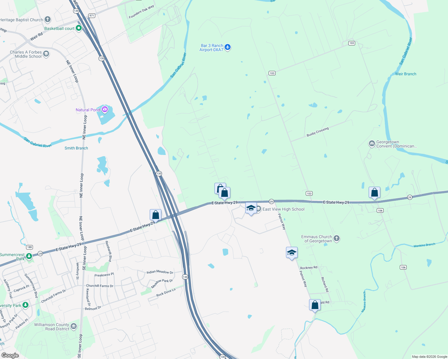 map of restaurants, bars, coffee shops, grocery stores, and more near 200 Eastview Drive in Georgetown