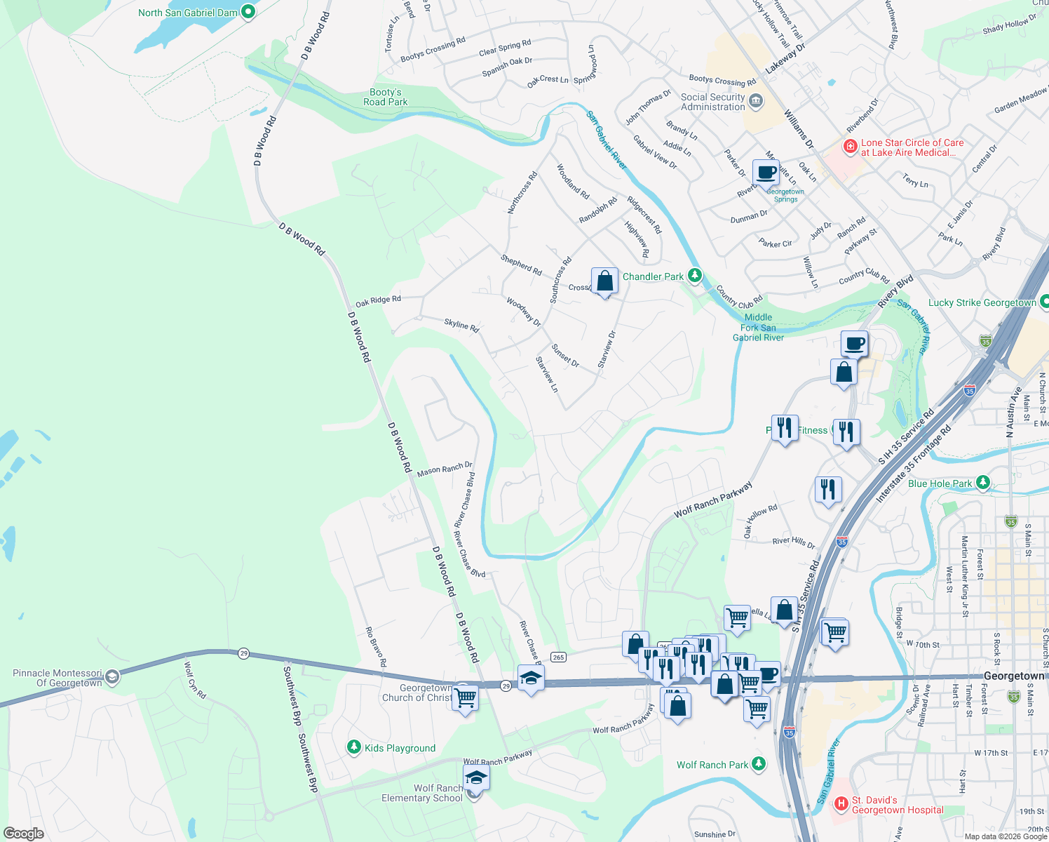 map of restaurants, bars, coffee shops, grocery stores, and more near 100 Skyline Road in Georgetown