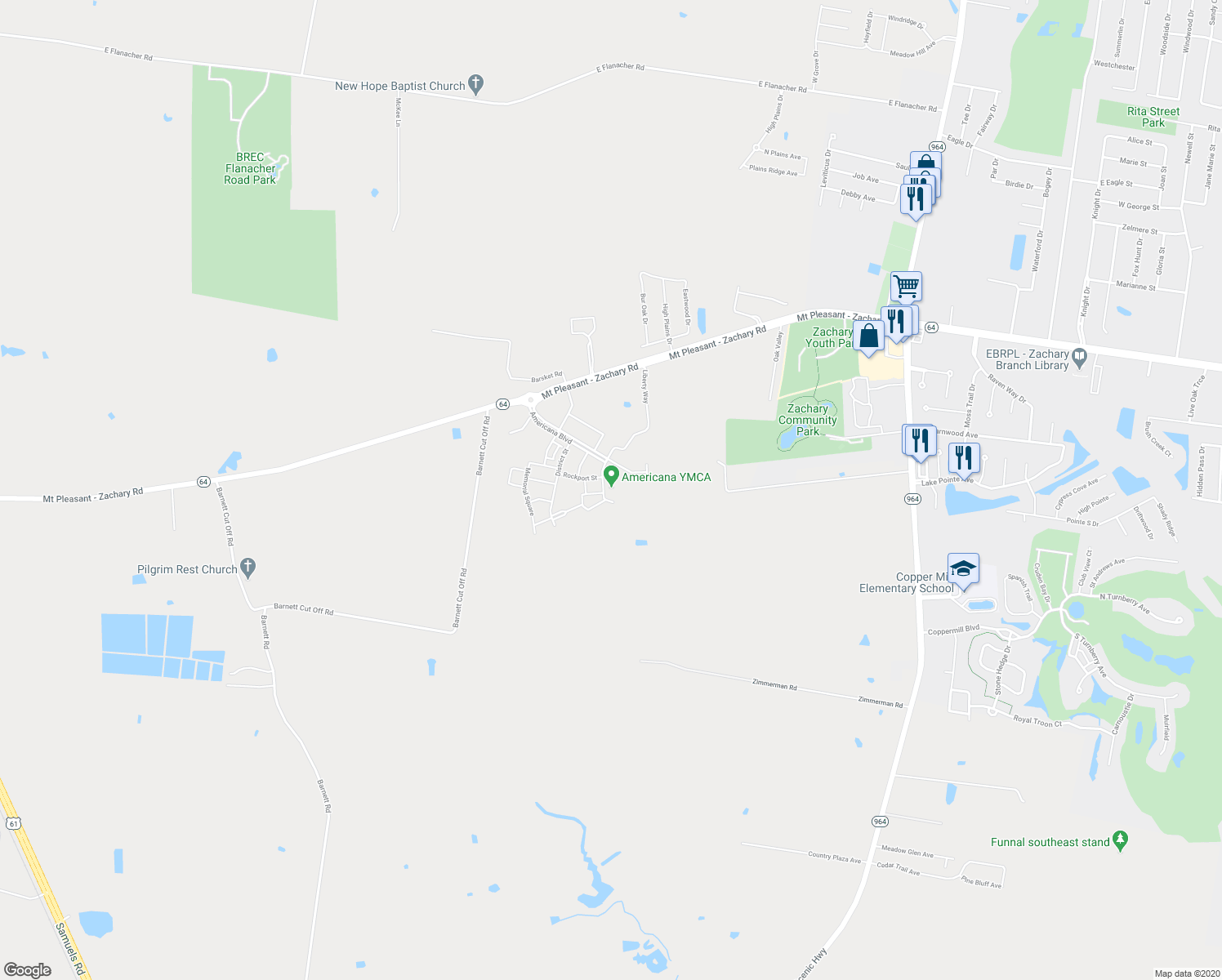 map of restaurants, bars, coffee shops, grocery stores, and more near 4200 Liberty Way in Zachary