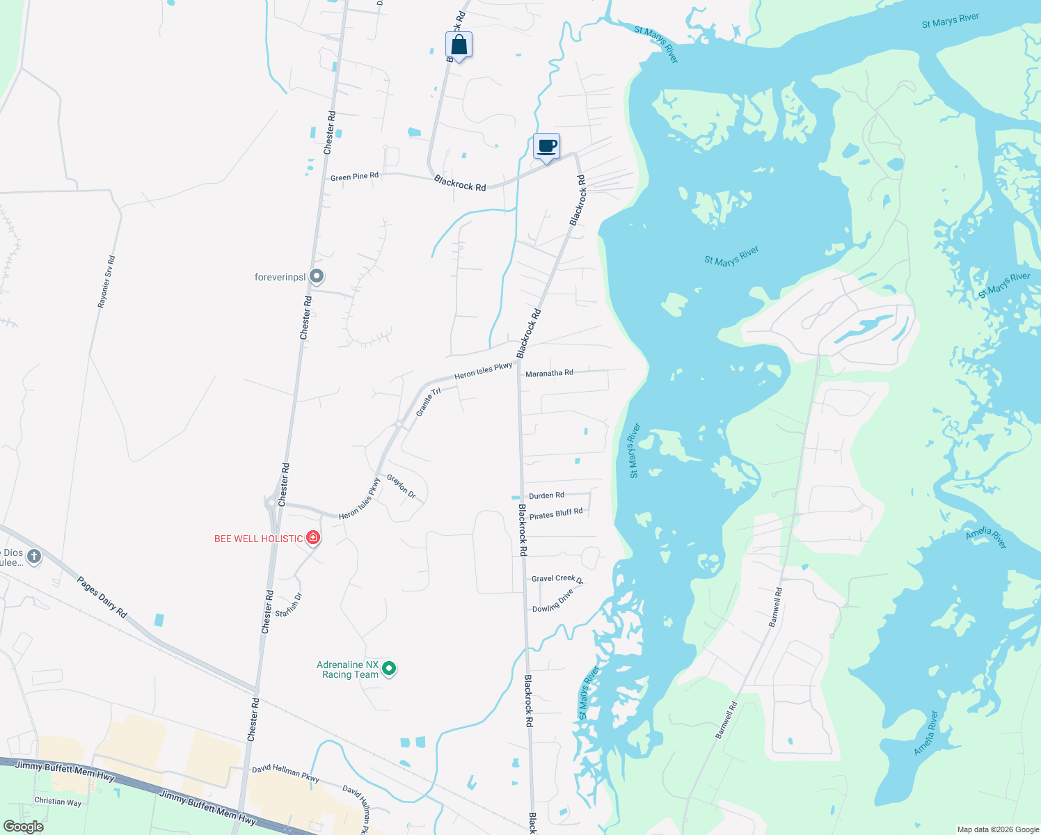 map of restaurants, bars, coffee shops, grocery stores, and more near 904 Blackrock Road in Yulee