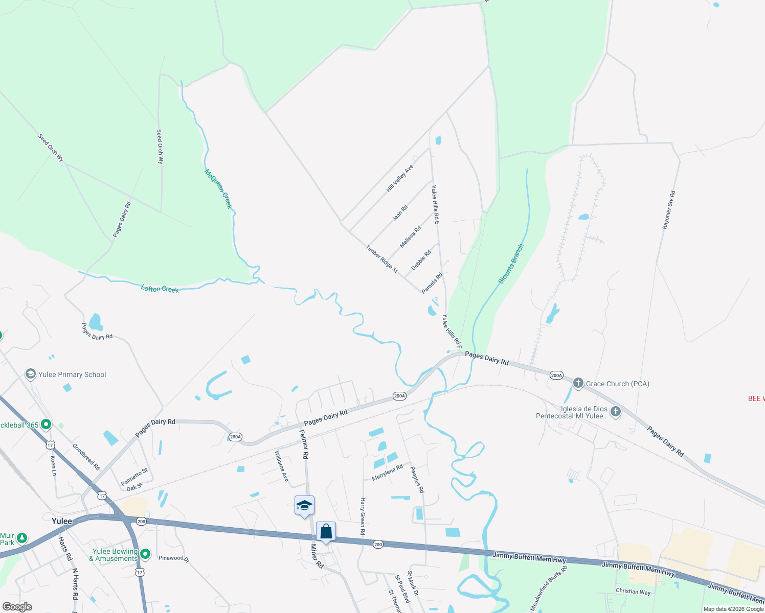 map of restaurants, bars, coffee shops, grocery stores, and more near 86107 Timber Ridge Street in Yulee