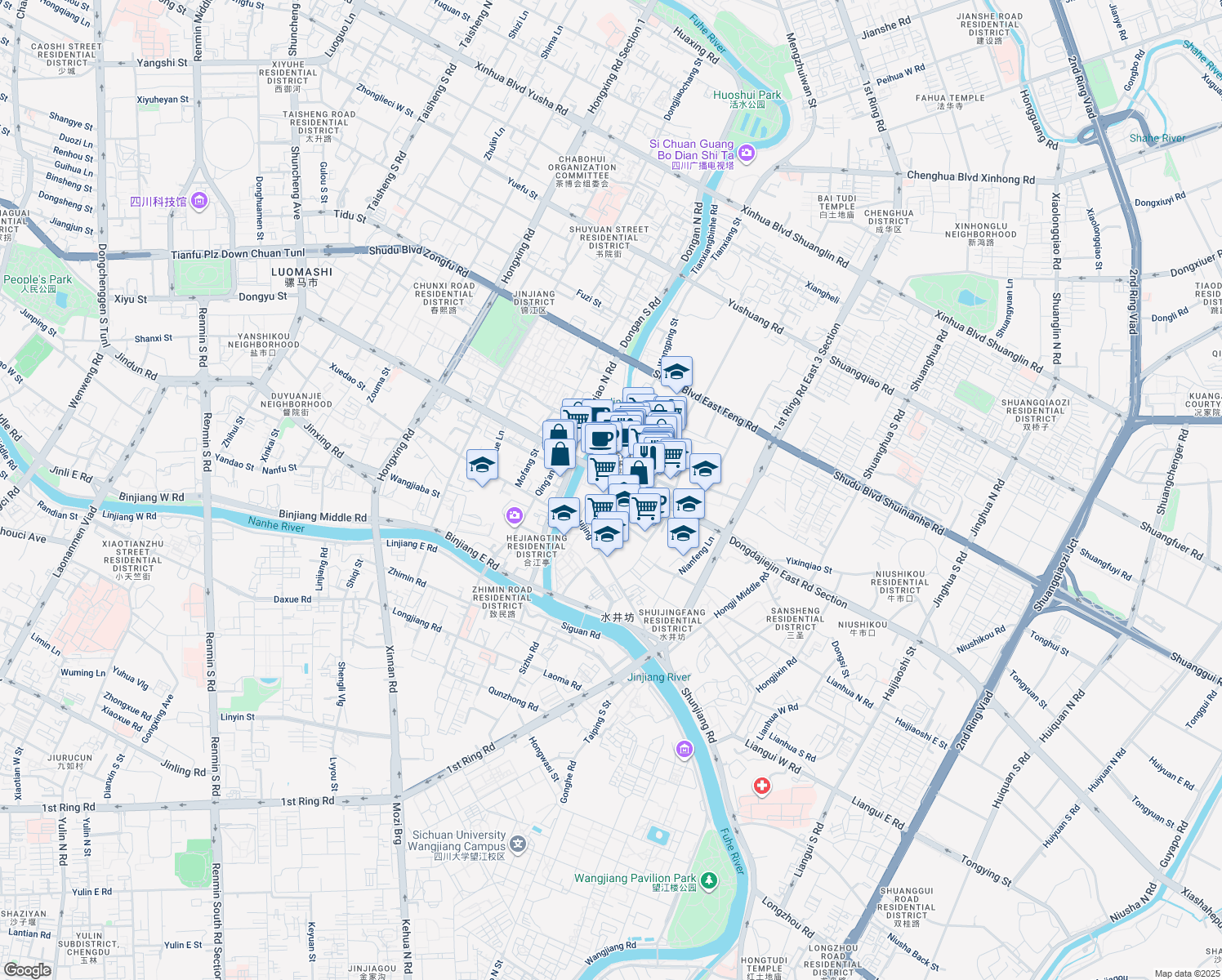 map of restaurants, bars, coffee shops, grocery stores, and more near Dong Da Jie Zhi Quan Duan in Chengdu Shi