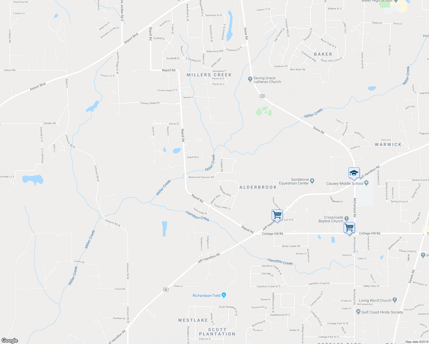 map of restaurants, bars, coffee shops, grocery stores, and more near 9970 Alderway Street in Mobile