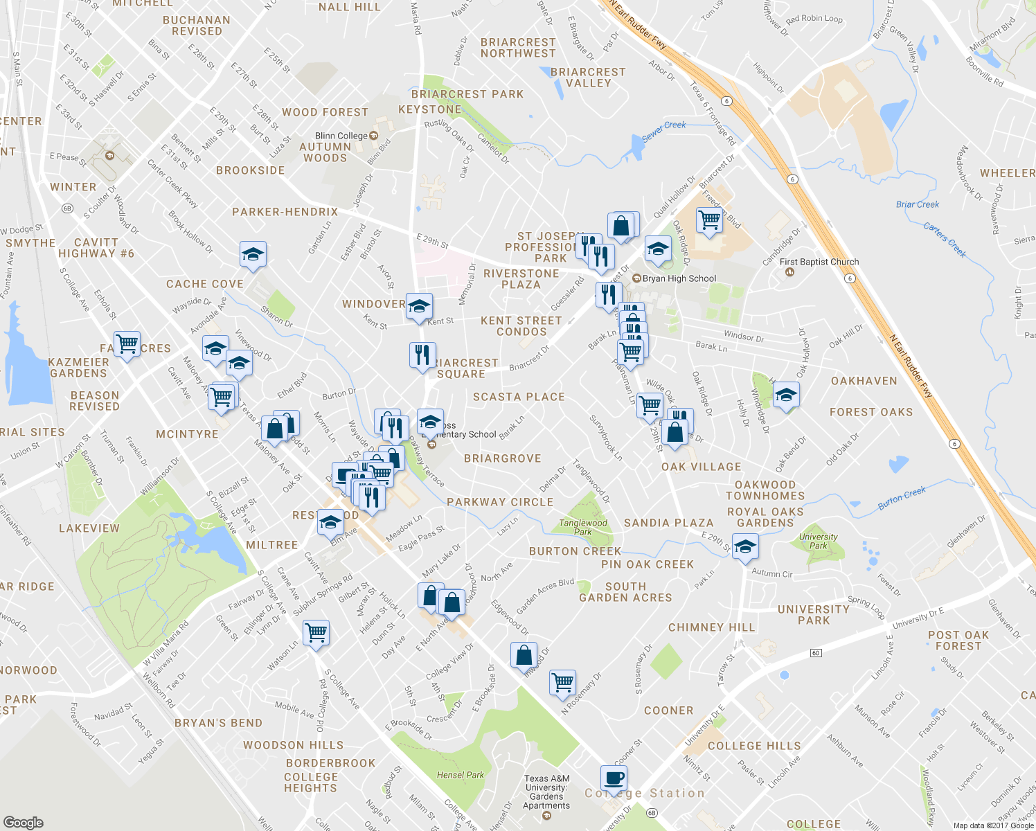 map of restaurants, bars, coffee shops, grocery stores, and more near 1315 Barak Lane in Bryan