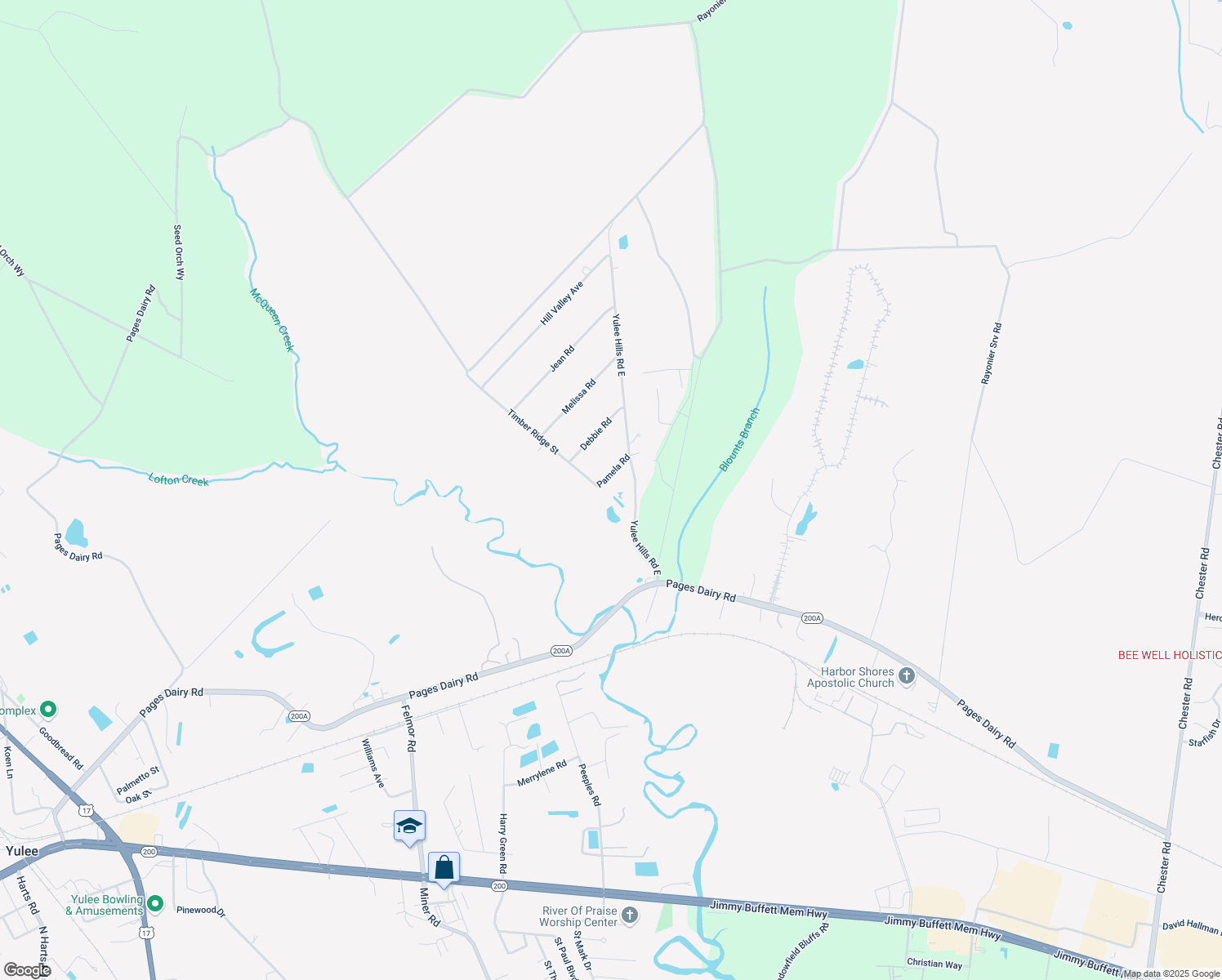 map of restaurants, bars, coffee shops, grocery stores, and more near 86026 Pamela Road in Yulee