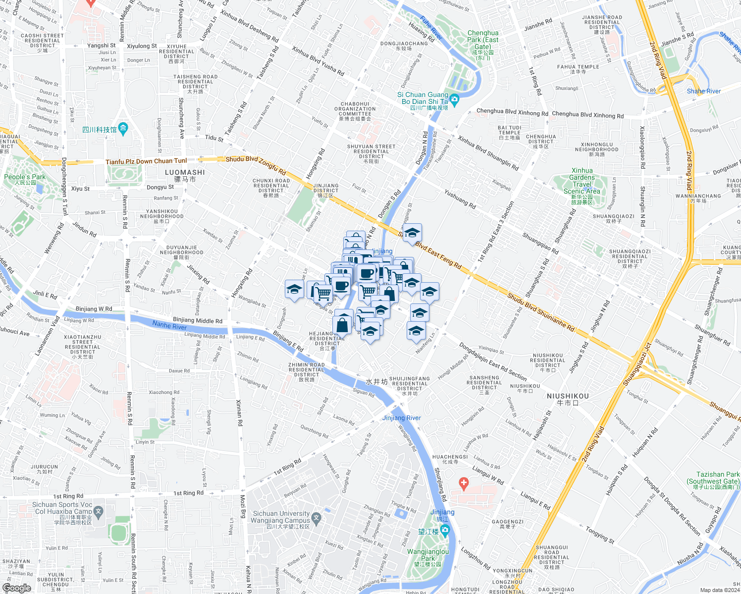 map of restaurants, bars, coffee shops, grocery stores, and more near Dong Da Jie Zhi Quan Duan in Chengdu Shi
