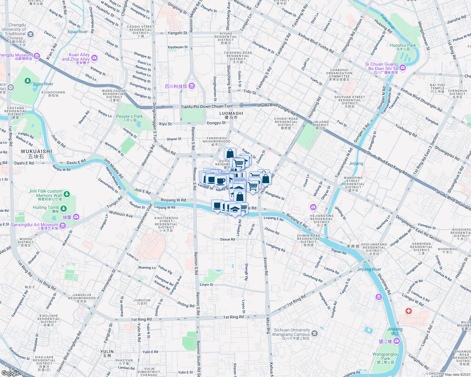 map of restaurants, bars, coffee shops, grocery stores, and more near Dongfu Street in Chengdu