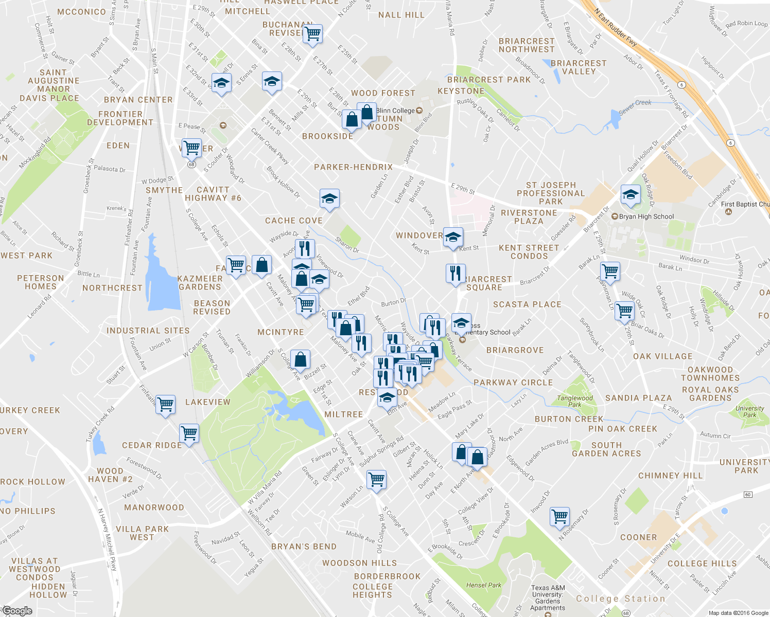 map of restaurants, bars, coffee shops, grocery stores, and more near Burton Dr in Bryan