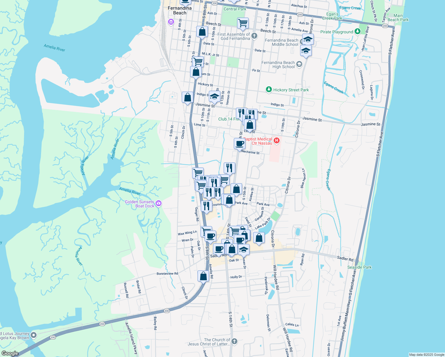 map of restaurants, bars, coffee shops, grocery stores, and more near 1699 Windjammer Lane in Fernandina Beach