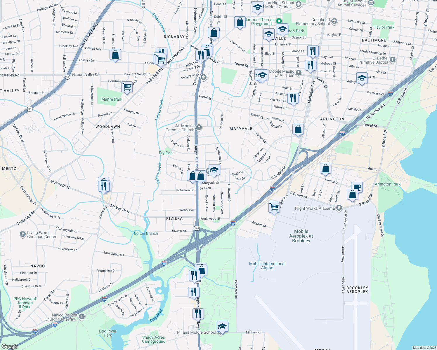 map of restaurants, bars, coffee shops, grocery stores, and more near 1323 Bordeaux Drive in Mobile