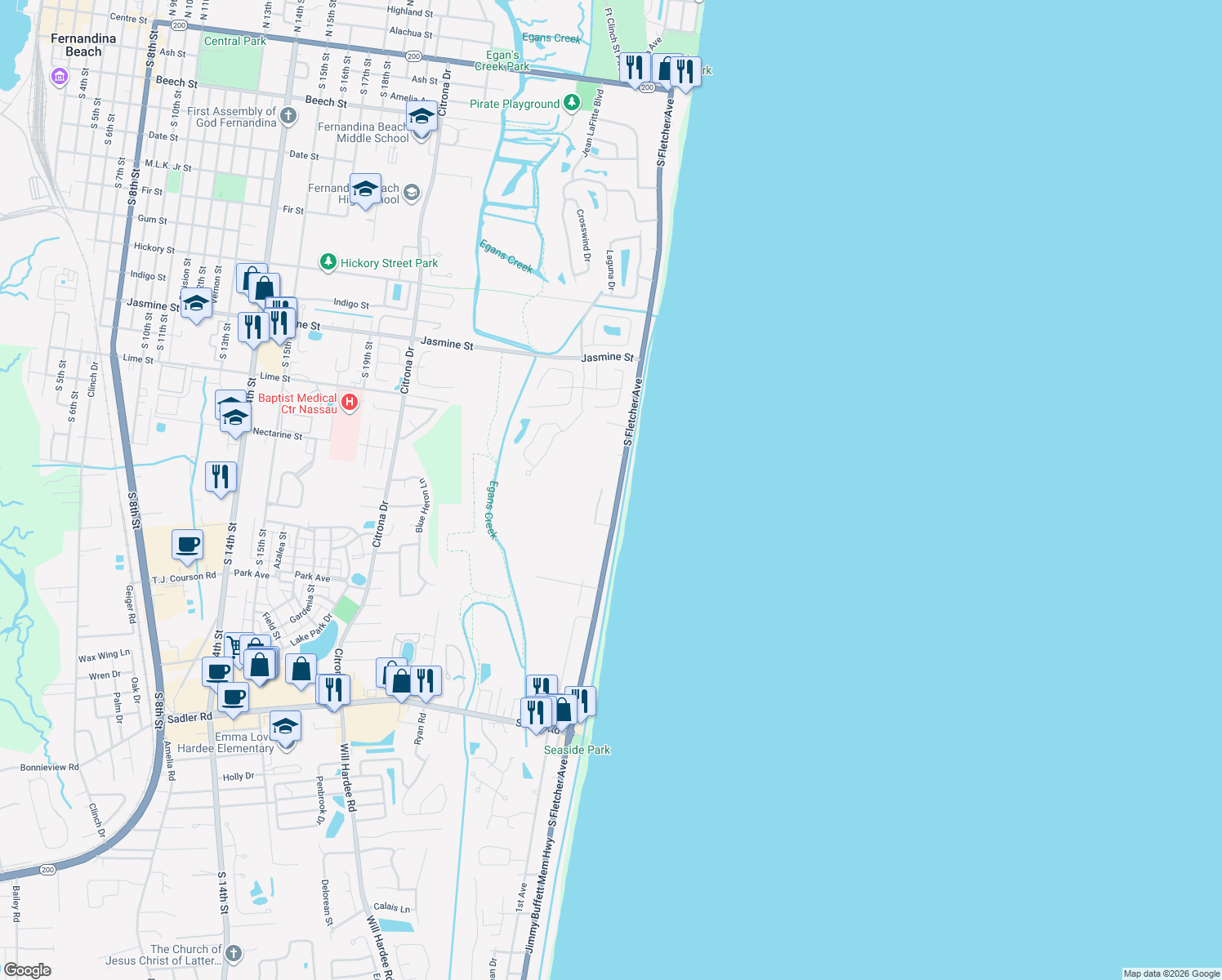 map of restaurants, bars, coffee shops, grocery stores, and more near 1255 South Fletcher Avenue in Fernandina Beach