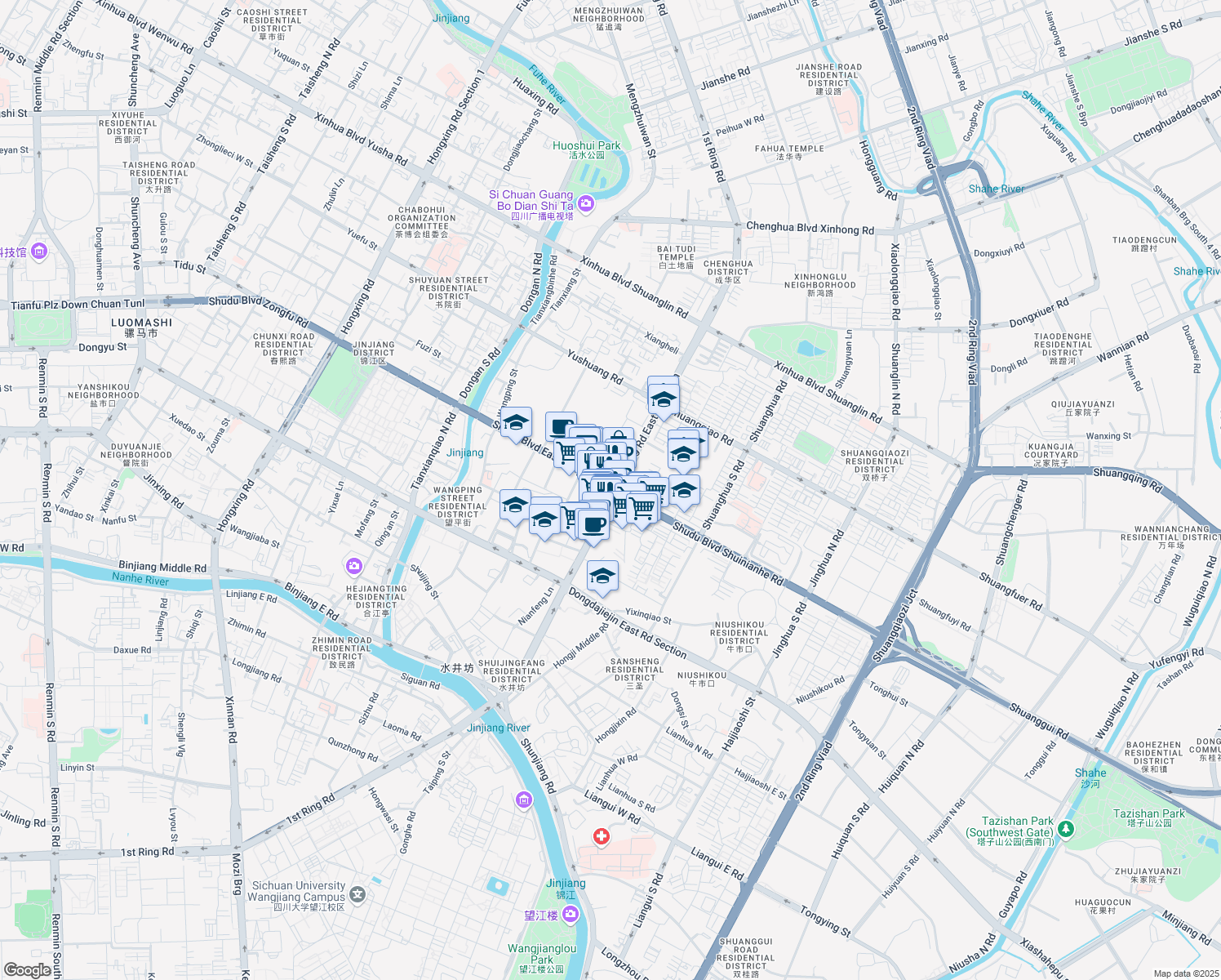 map of restaurants, bars, coffee shops, grocery stores, and more near Yi Huan Lu in Cheng Du Shi