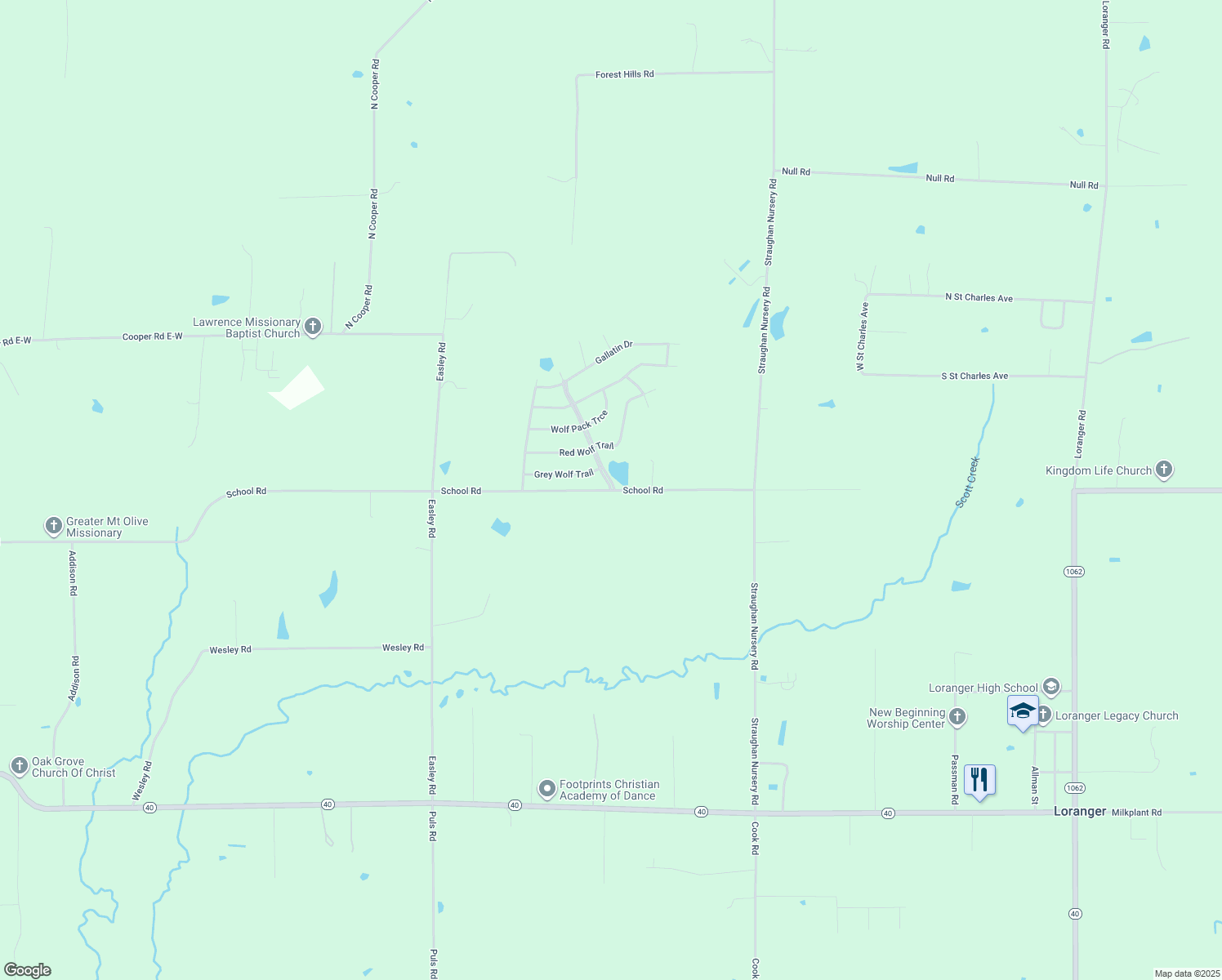 map of restaurants, bars, coffee shops, grocery stores, and more near School Road in Loranger