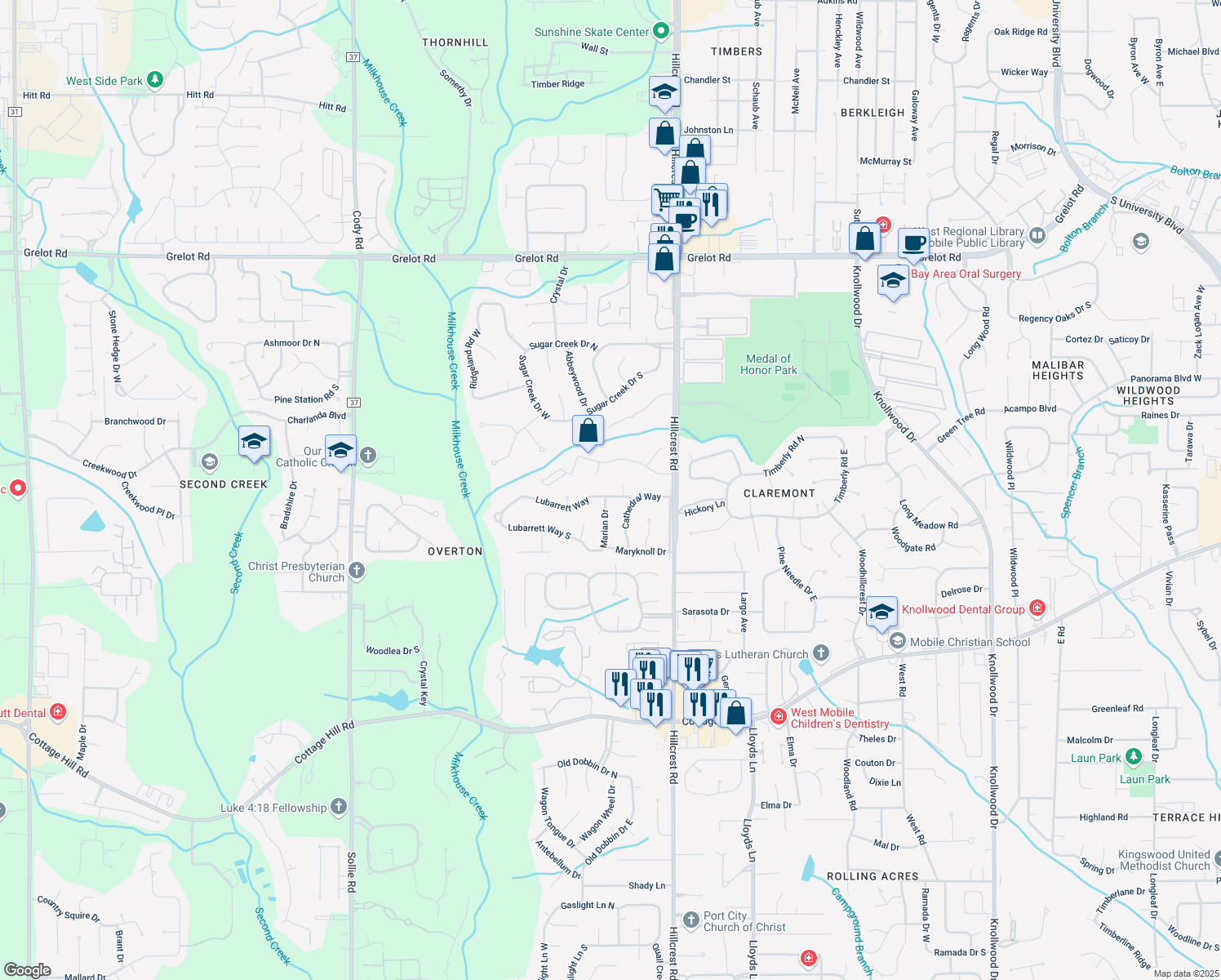 map of restaurants, bars, coffee shops, grocery stores, and more near 6510 Lubarrett Way in Mobile