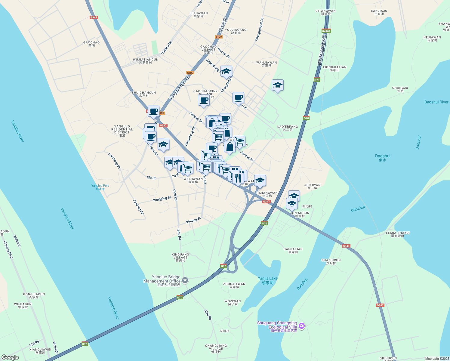 map of restaurants, bars, coffee shops, grocery stores, and more near Ping Jiang Dong Lu in Wu Han Shi