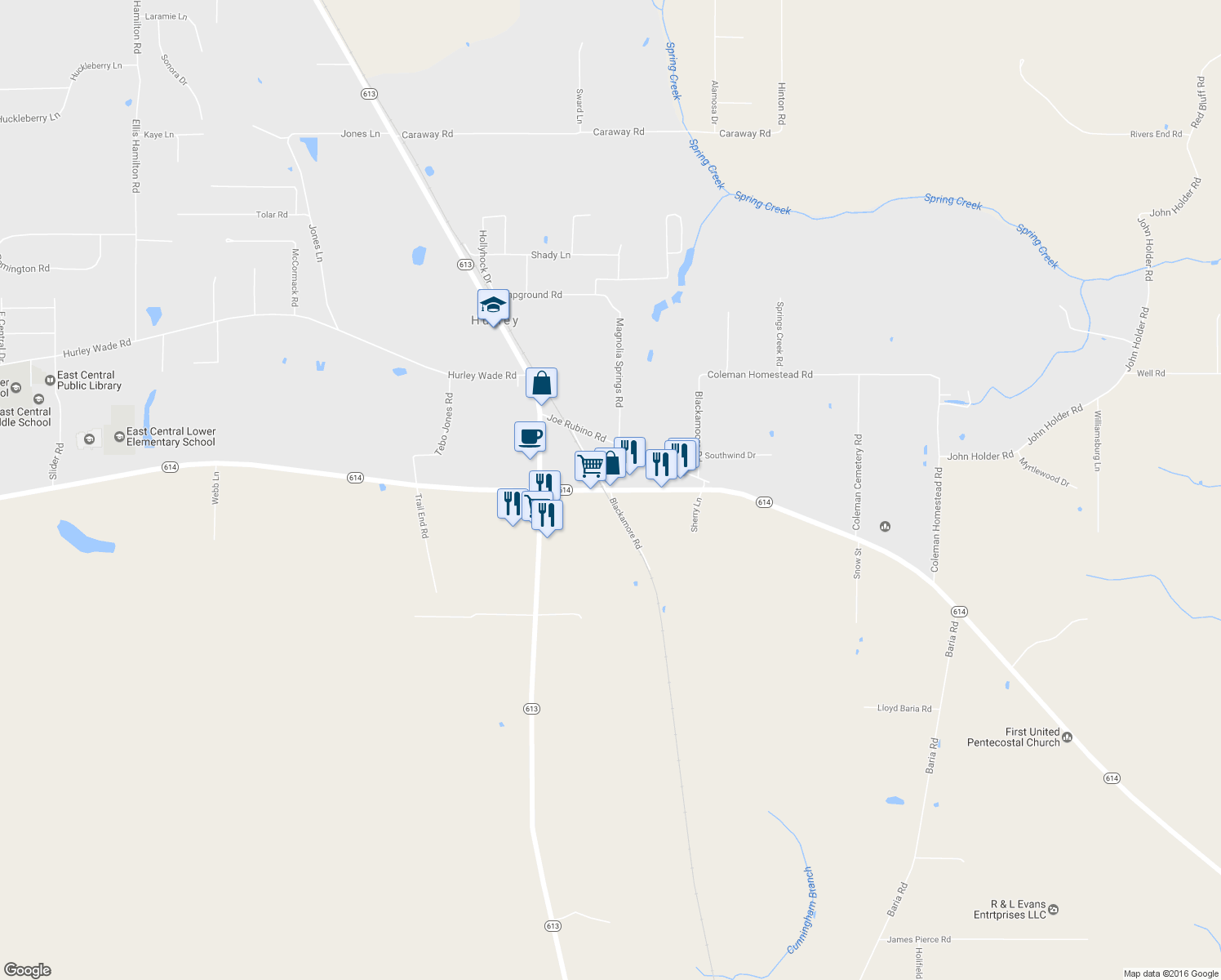 map of restaurants, bars, coffee shops, grocery stores, and more near Mississippi 614 in Moss Point