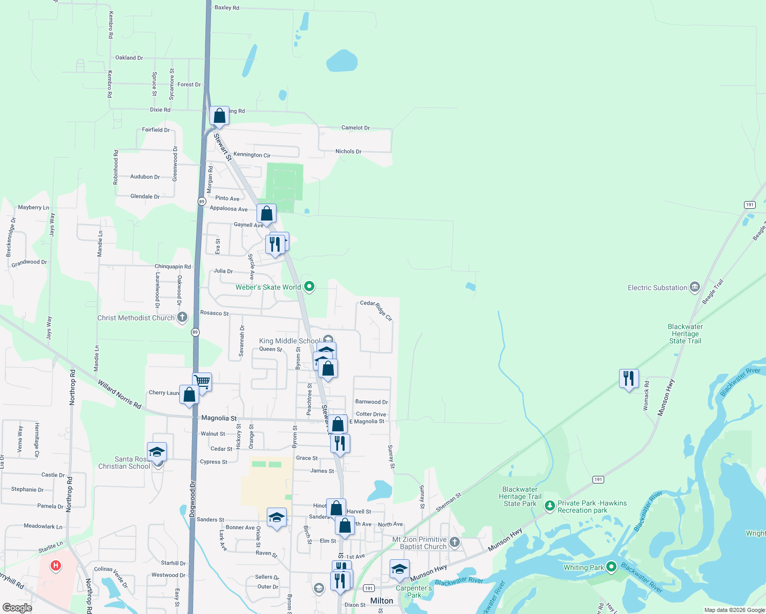 map of restaurants, bars, coffee shops, grocery stores, and more near 6867 Cedar Ridge Circle in Milton