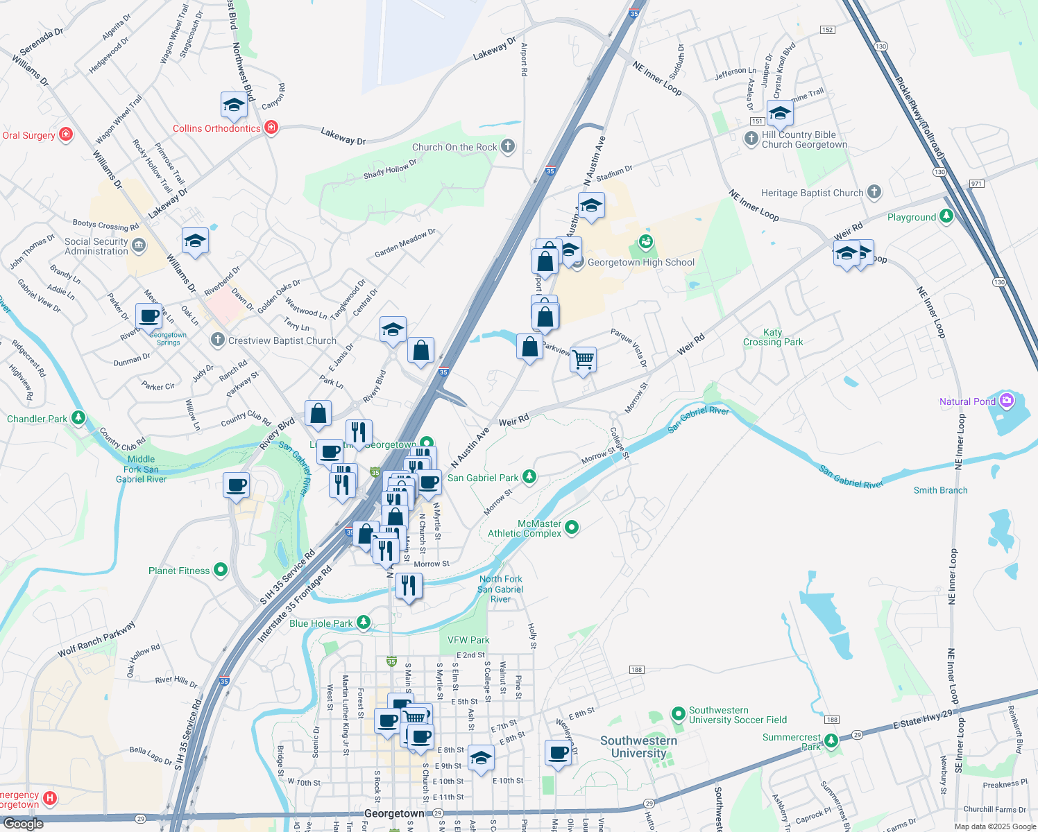 map of restaurants, bars, coffee shops, grocery stores, and more near San Gabriel Loop in Georgetown
