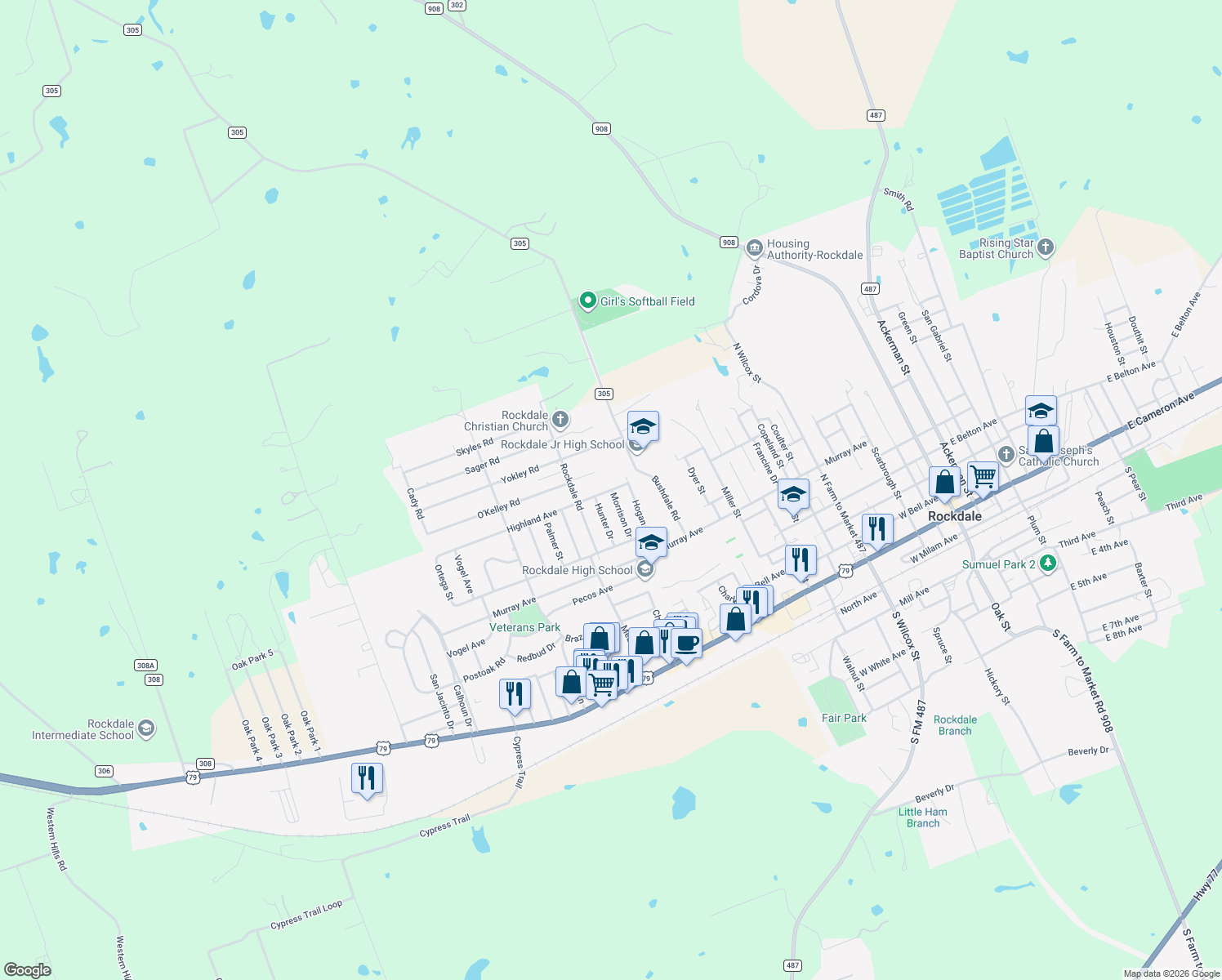 map of restaurants, bars, coffee shops, grocery stores, and more near 1302 Highland Avenue in Rockdale