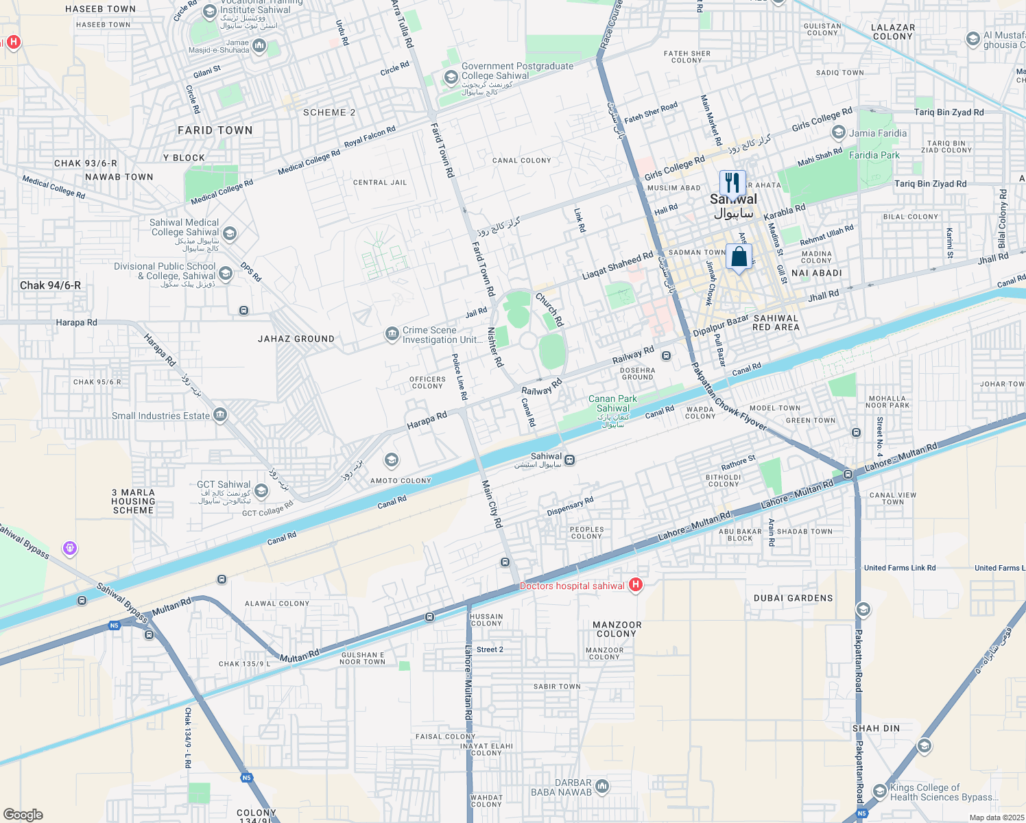 map of restaurants, bars, coffee shops, grocery stores, and more near Railway Road in Sahiwal