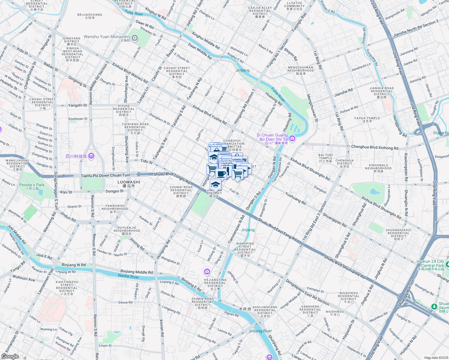 map of restaurants, bars, coffee shops, grocery stores, and more near 35 Shuyuan West Street in Chengdu Shi
