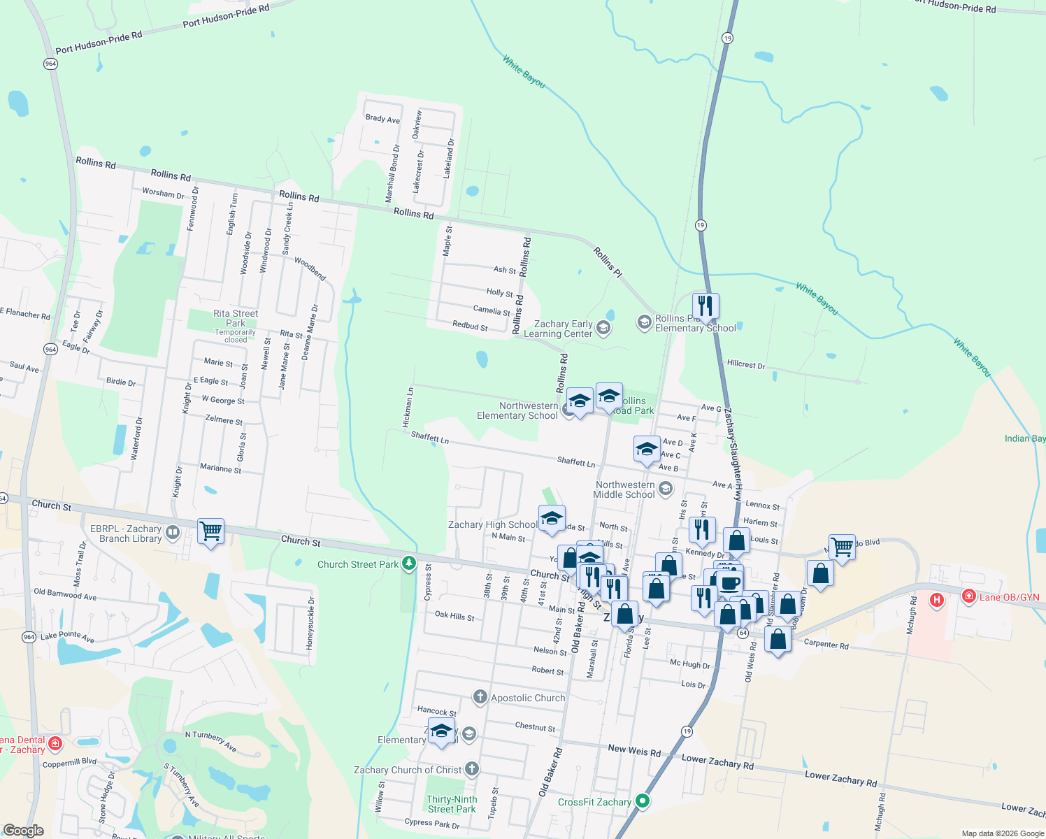 map of restaurants, bars, coffee shops, grocery stores, and more near 3850 Pope Road in Zachary