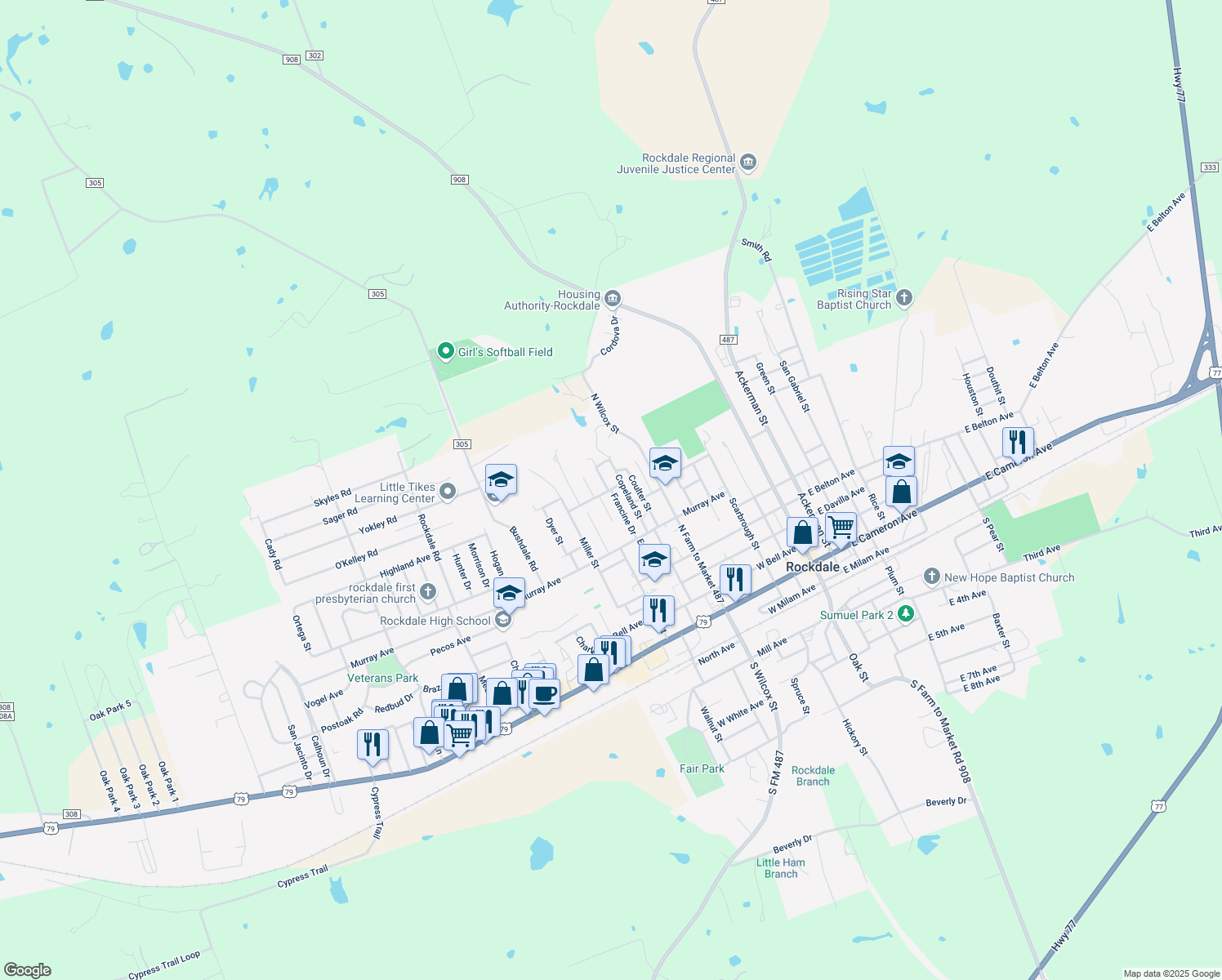 map of restaurants, bars, coffee shops, grocery stores, and more near 699 Francine Drive in Rockdale