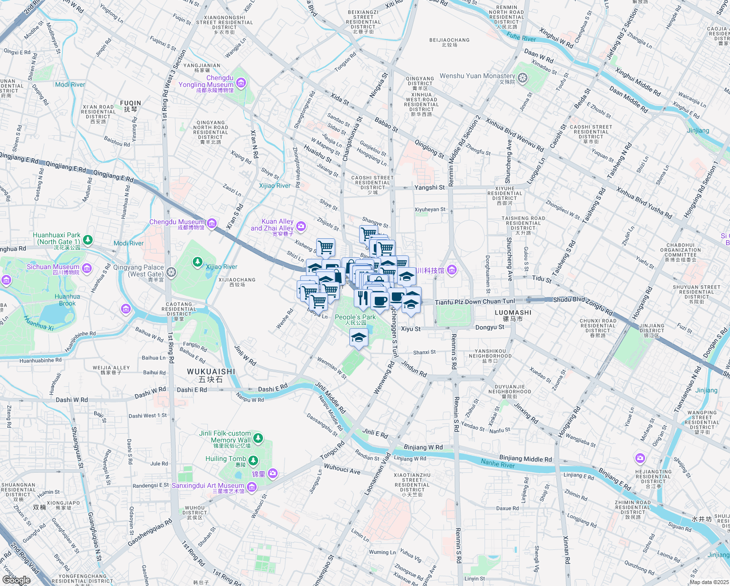 map of restaurants, bars, coffee shops, grocery stores, and more near Shu Du Da Dao Shao Cheng Lu in Cheng Du Shi