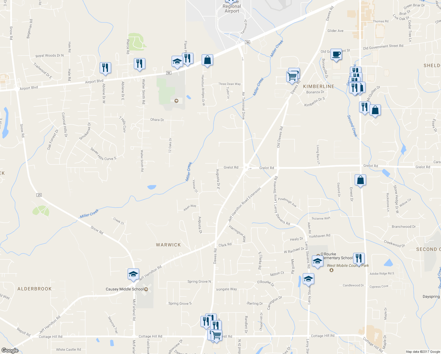 map of restaurants, bars, coffee shops, grocery stores, and more near 1489 Augusta Drive East in Mobile