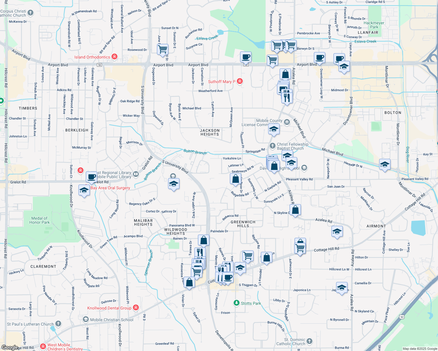 map of restaurants, bars, coffee shops, grocery stores, and more near 4153 Seabreeze Rd N in Mobile