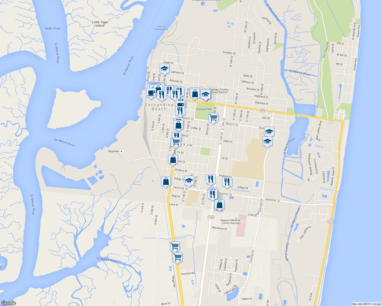 map of restaurants, bars, coffee shops, grocery stores, and more near 532 South 11th Street in Fernandina Beach