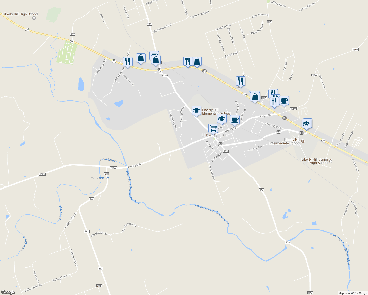 map of restaurants, bars, coffee shops, grocery stores, and more near 3719 Ranch Road 1869 in Liberty Hill