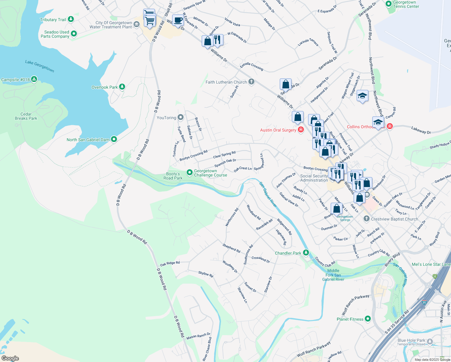map of restaurants, bars, coffee shops, grocery stores, and more near 509 Oak Crest Lane in Georgetown