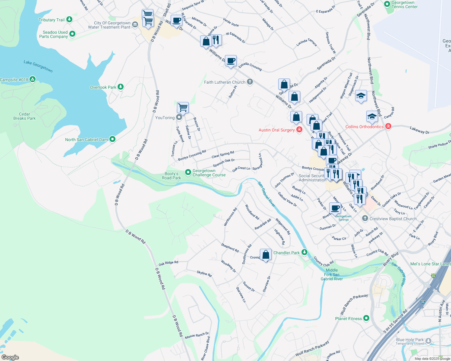 map of restaurants, bars, coffee shops, grocery stores, and more near 509 Oak Crest Lane in Georgetown