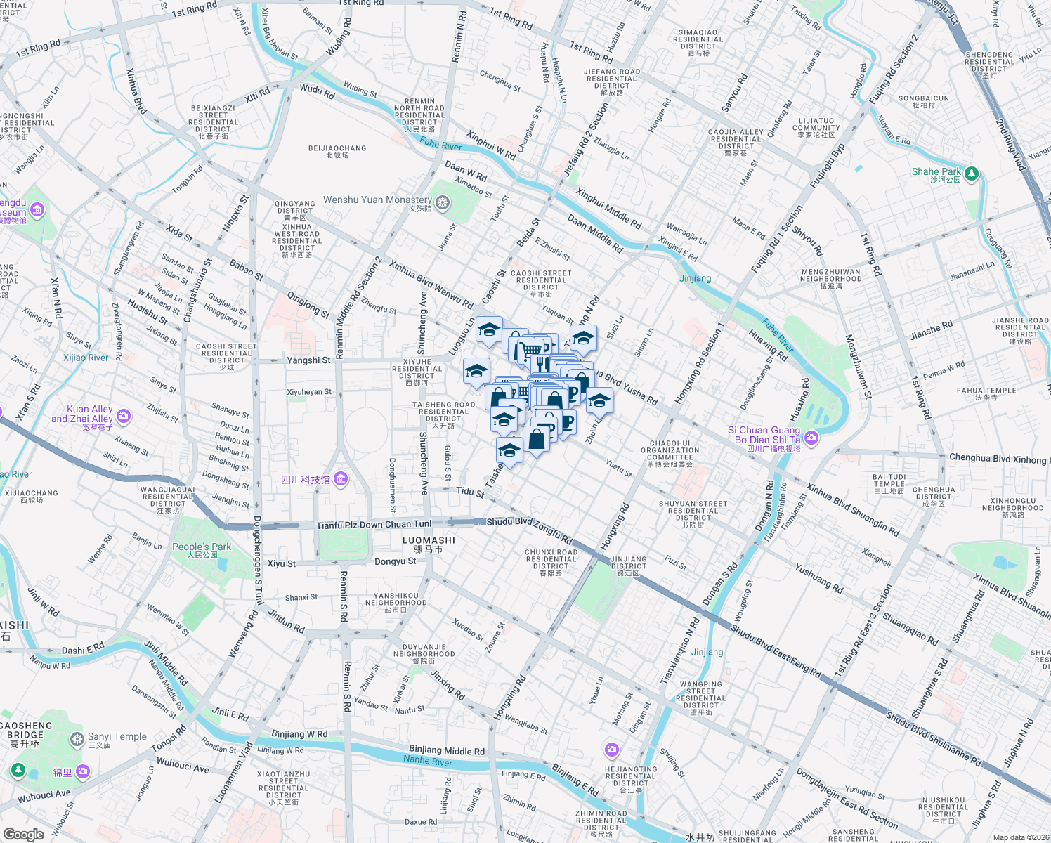 map of restaurants, bars, coffee shops, grocery stores, and more near Tai Sheng Nan Lu in Cheng Du Shi