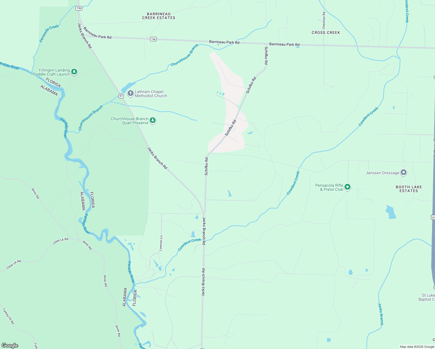 map of restaurants, bars, coffee shops, grocery stores, and more near 3282 Schifko Road in Escambia County