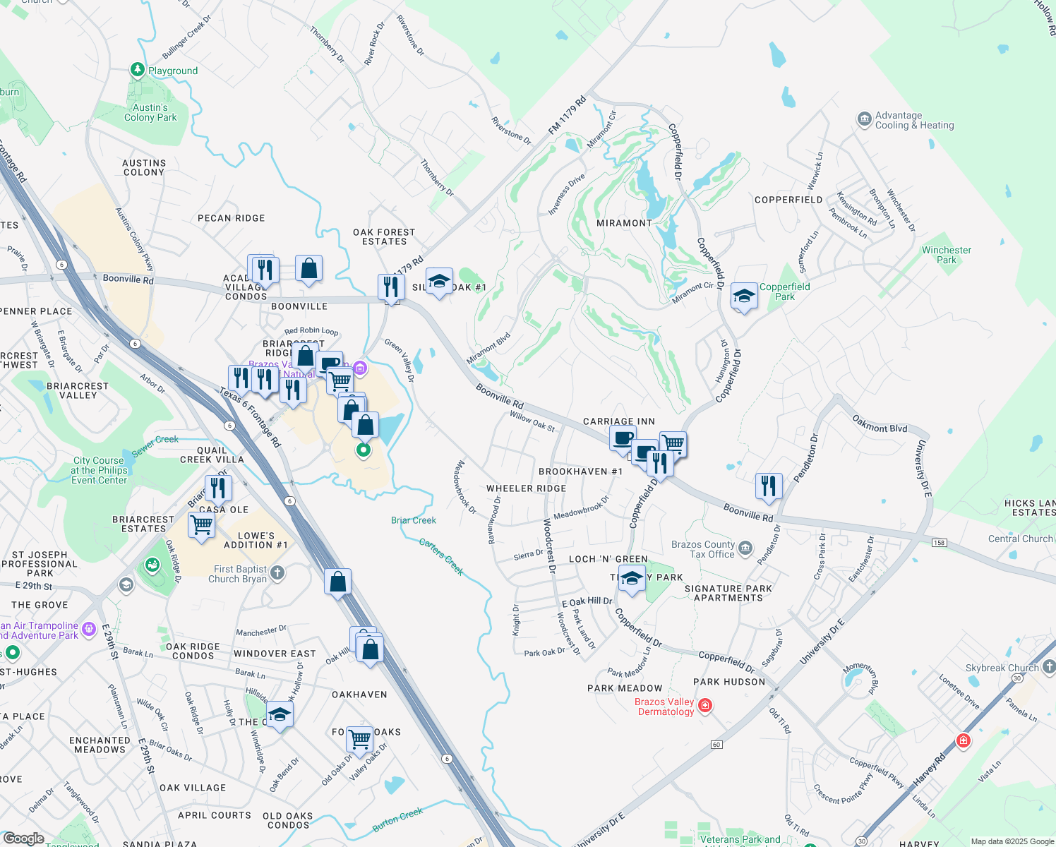 map of restaurants, bars, coffee shops, grocery stores, and more near 4121 Meadowwood Drive in Bryan