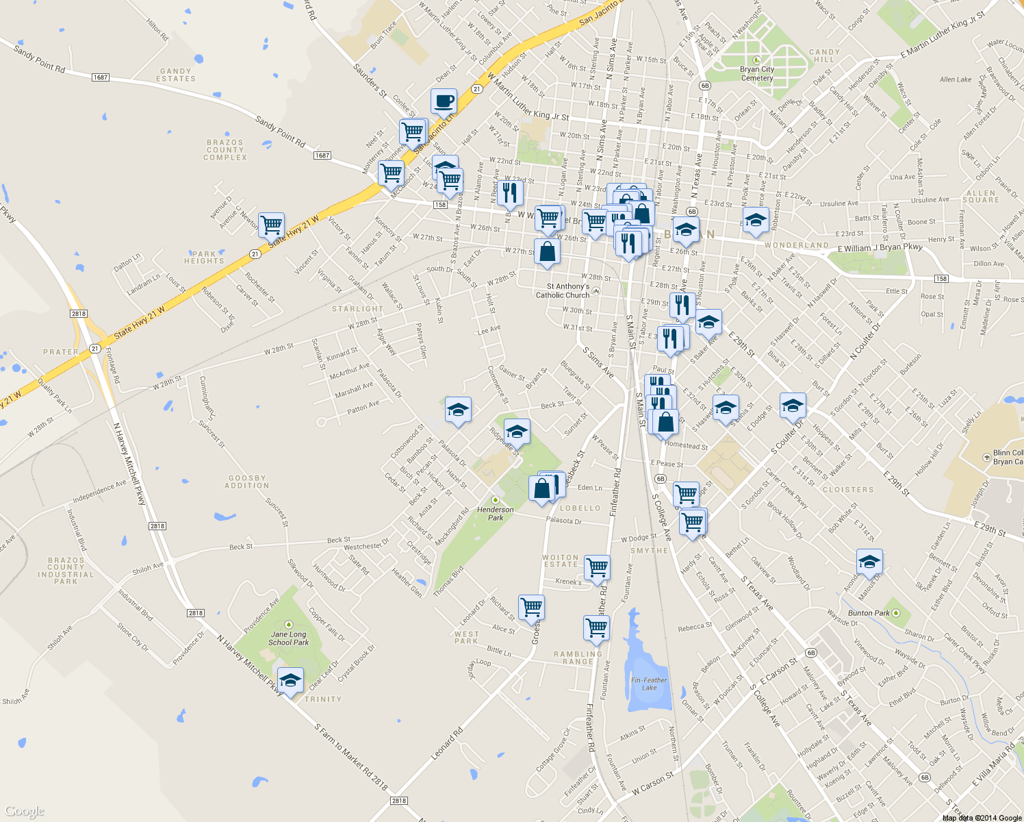map of restaurants, bars, coffee shops, grocery stores, and more near 1399 Beck St in Bryan
