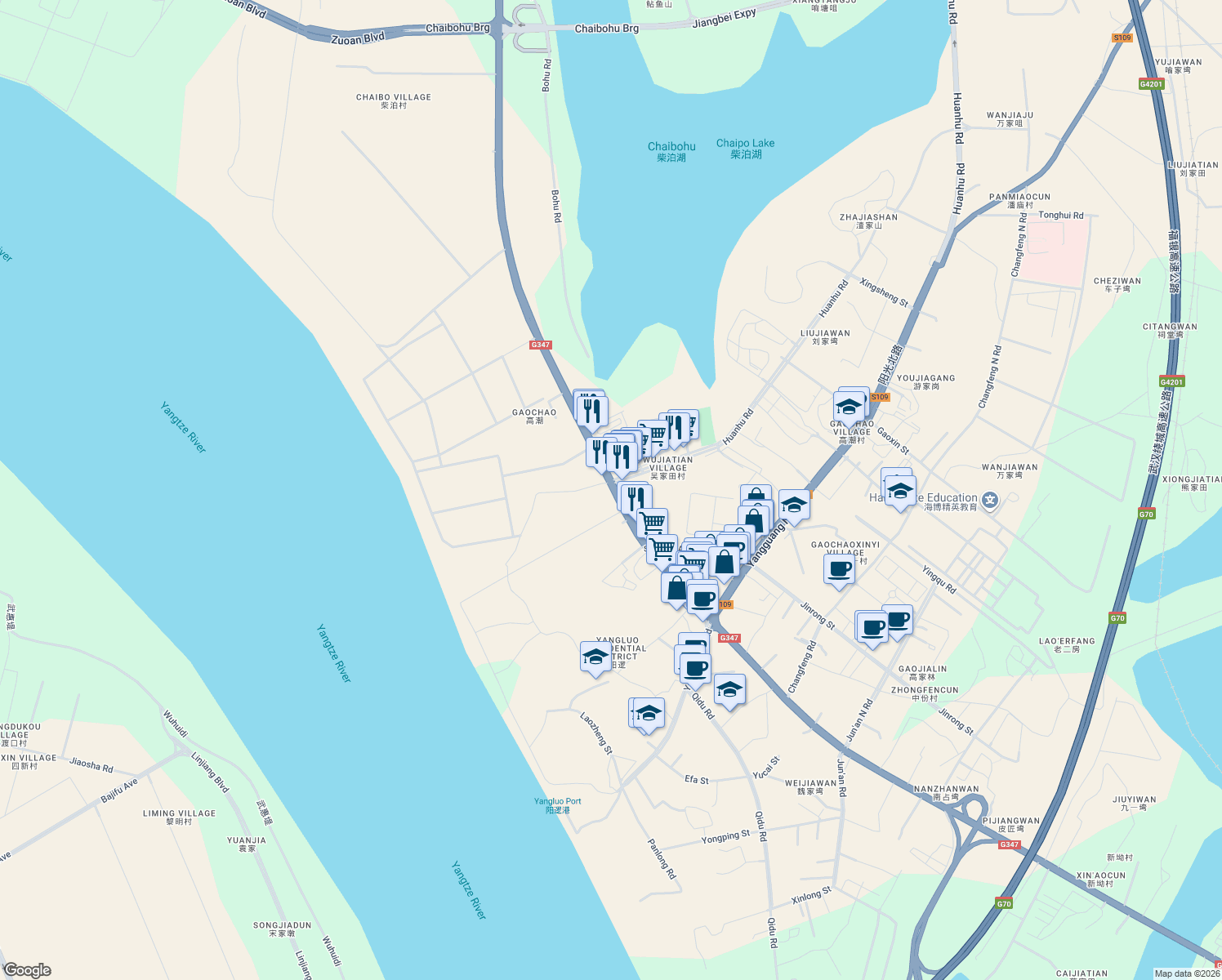 map of restaurants, bars, coffee shops, grocery stores, and more near Ping Jiang Da Dao in Wu Han Shi