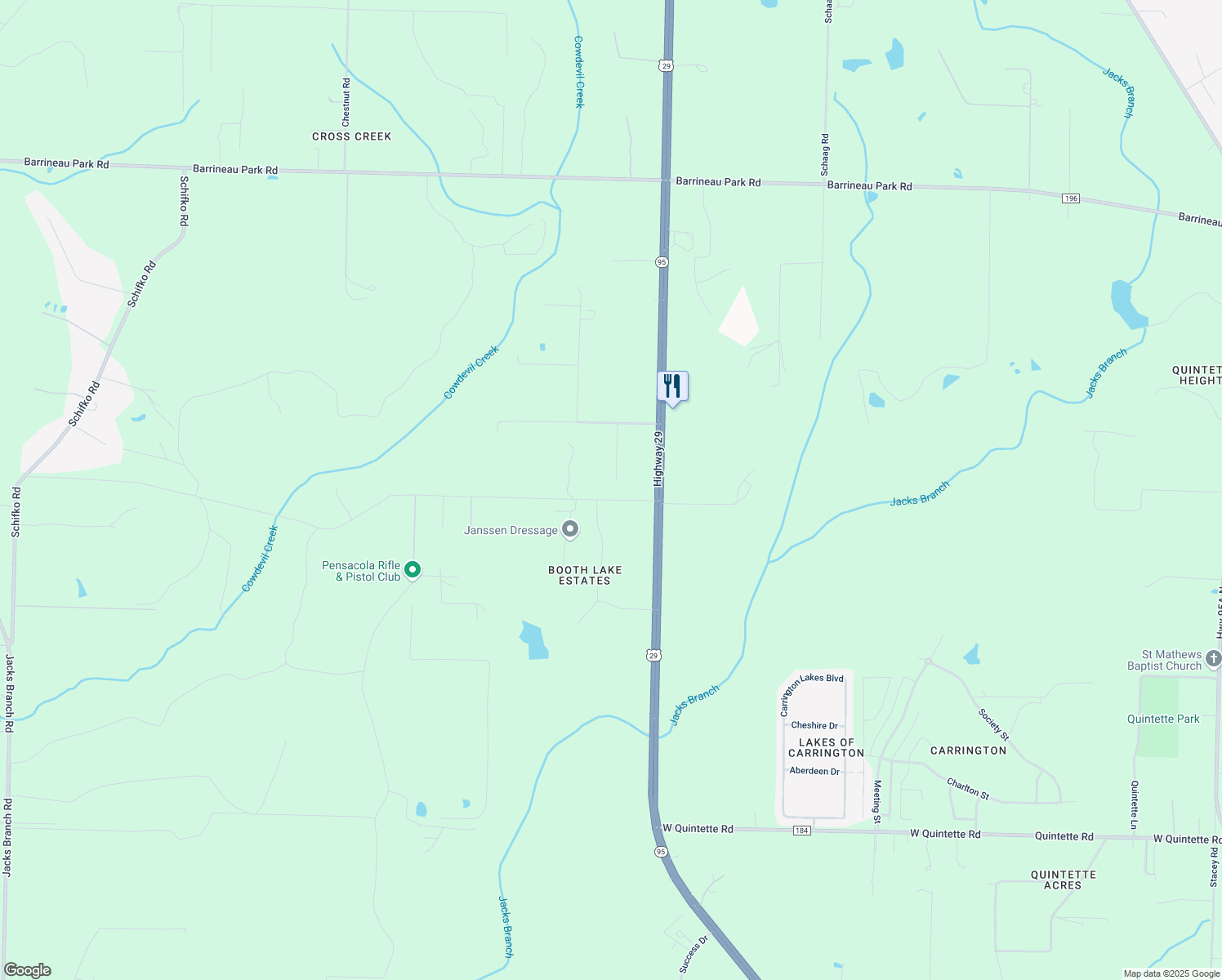 map of restaurants, bars, coffee shops, grocery stores, and more near 1800 Mathison Road in Escambia County