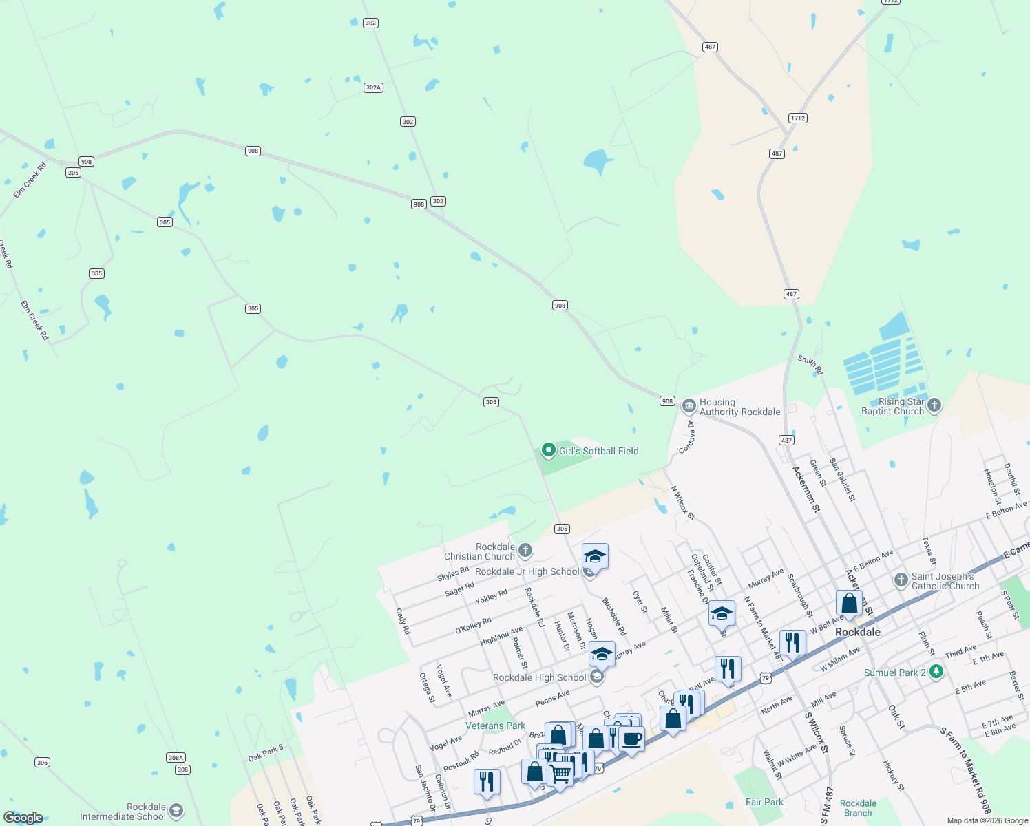 map of restaurants, bars, coffee shops, grocery stores, and more near 422 County Road 305 in Rockdale