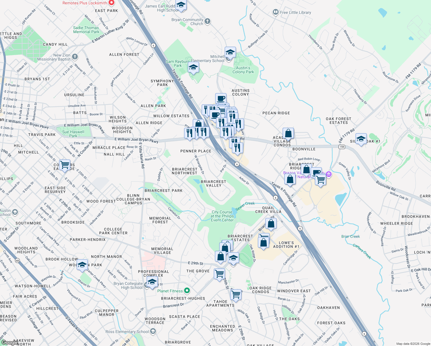 map of restaurants, bars, coffee shops, grocery stores, and more near 2307 East Briargate Drive in Bryan