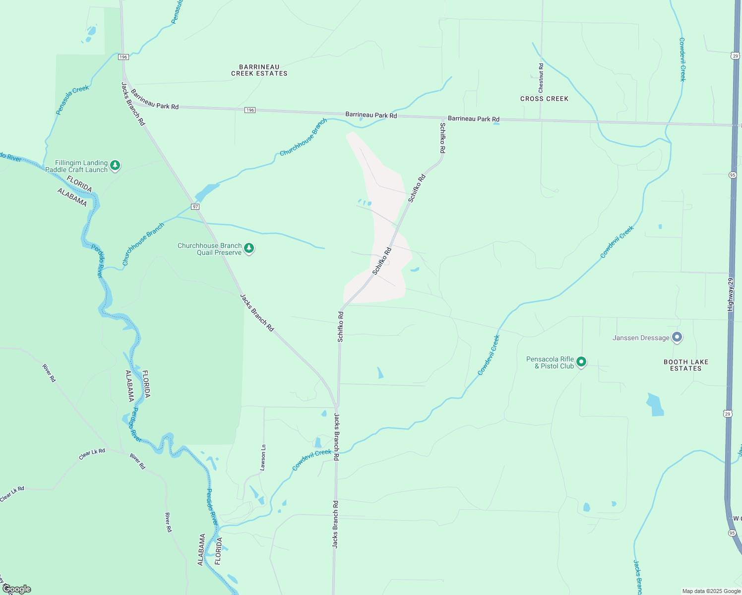 map of restaurants, bars, coffee shops, grocery stores, and more near 3440 Schifko Road in Escambia County