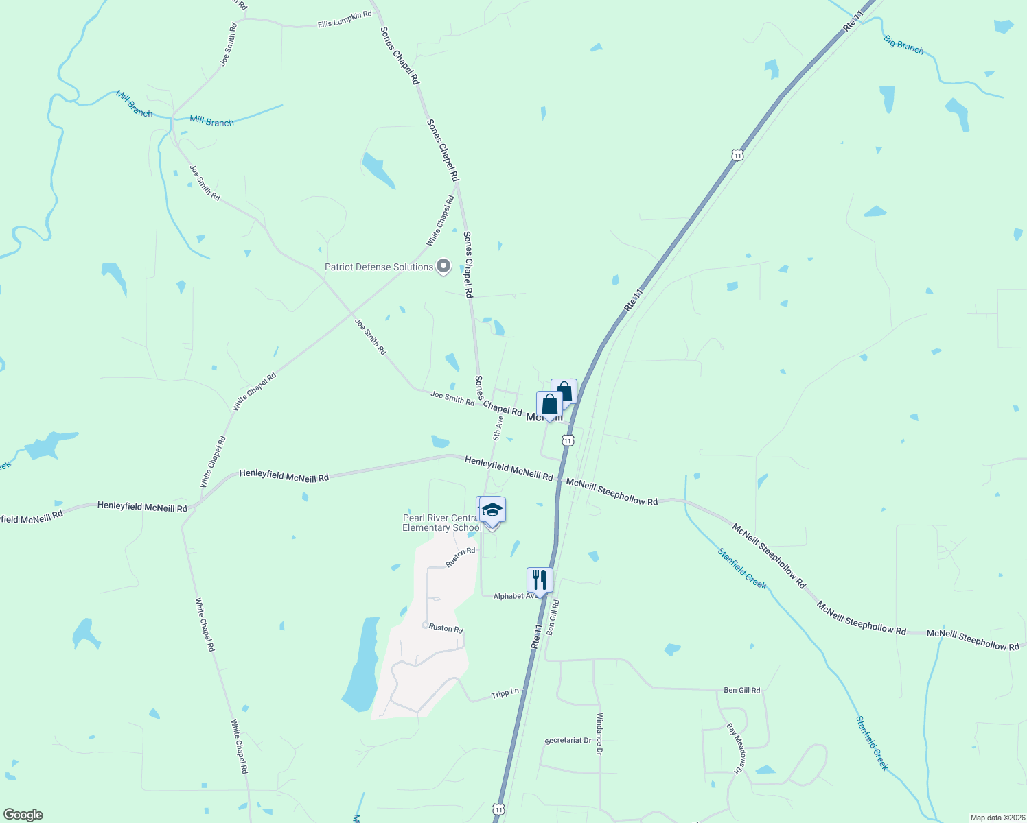 map of restaurants, bars, coffee shops, grocery stores, and more near 61 Sones Chapel Road in Carriere